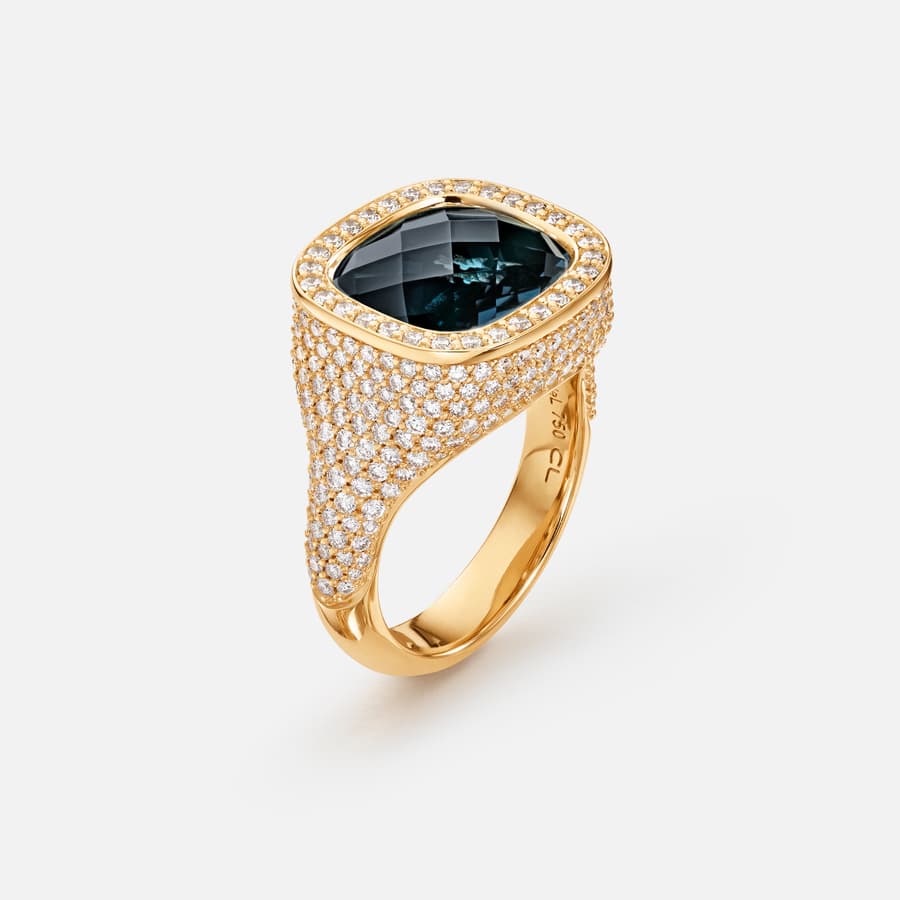 Cushion Ring in 18 Karat Yellow Gold, Diamonds & London Blue Topaz  |  Ole Lynggaard Copenhagen 