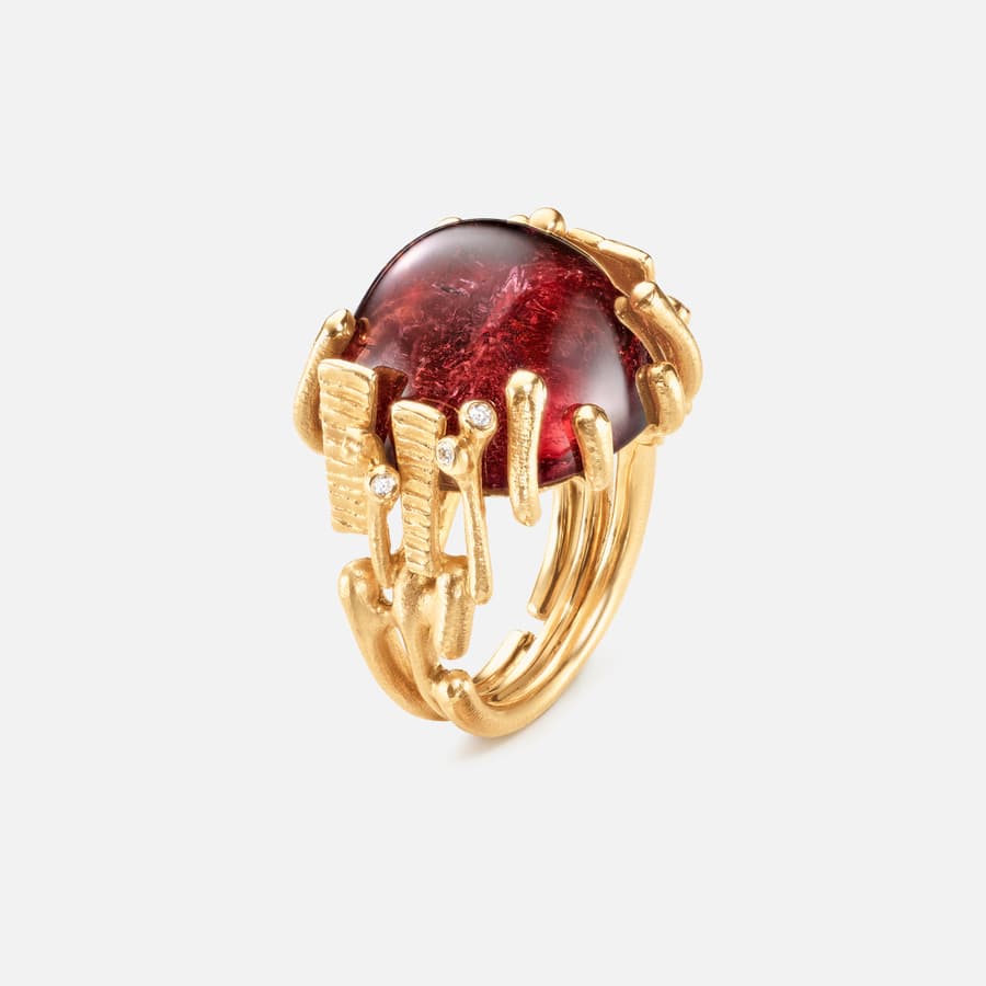 BoHo Ring Large in Gold with Cerise Tourmaline and Diamonds  |  Ole Lynggaard Copenhagen