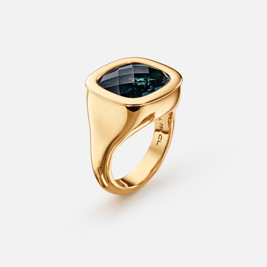 Cushion Ring in 18 Karat Yellow Gold with London Blue Topaz  |  Ole Lynggaard Copenhagen 