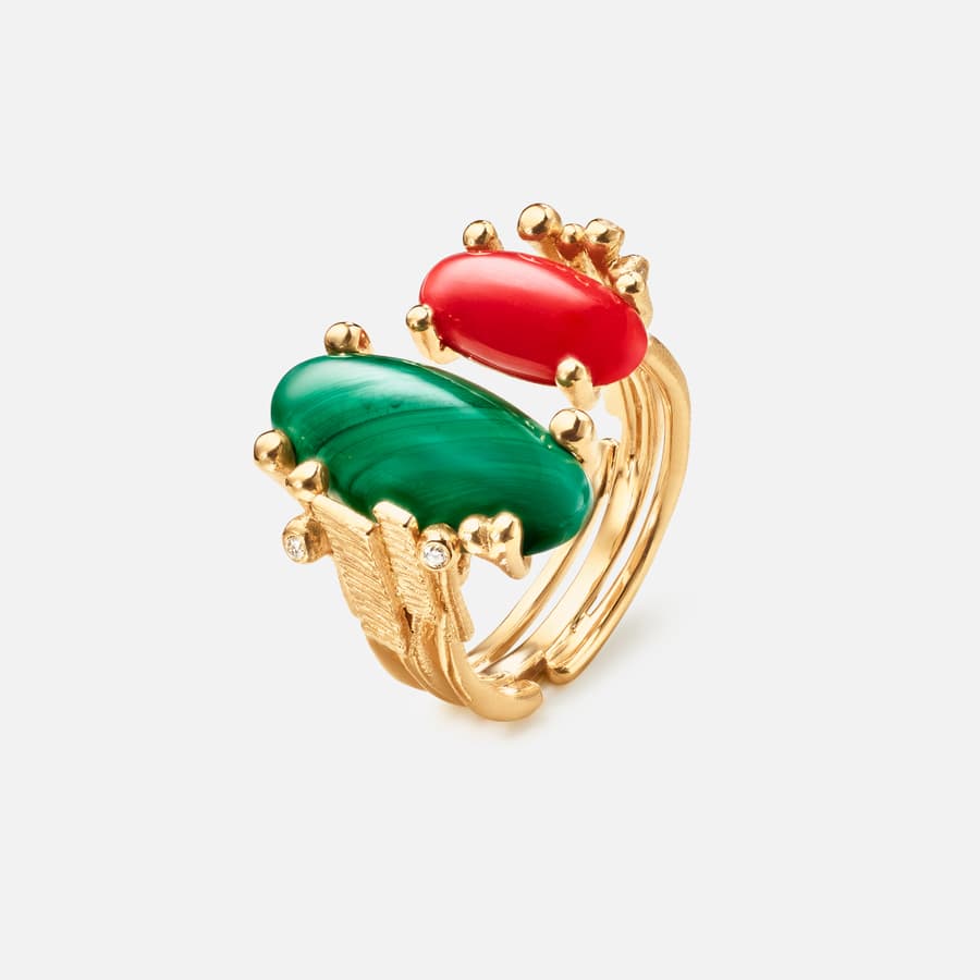 BoHo Ring Double in Gold with Malachite, Coral, and Diamonds | Ole Lynggaard Copenhagen