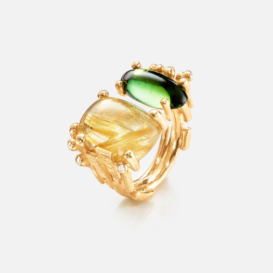 BoHo Ring Double in Gold with Rutile Quartz, Tourmaline, & Diamonds  |  Ole Lynggaard Copenhagen