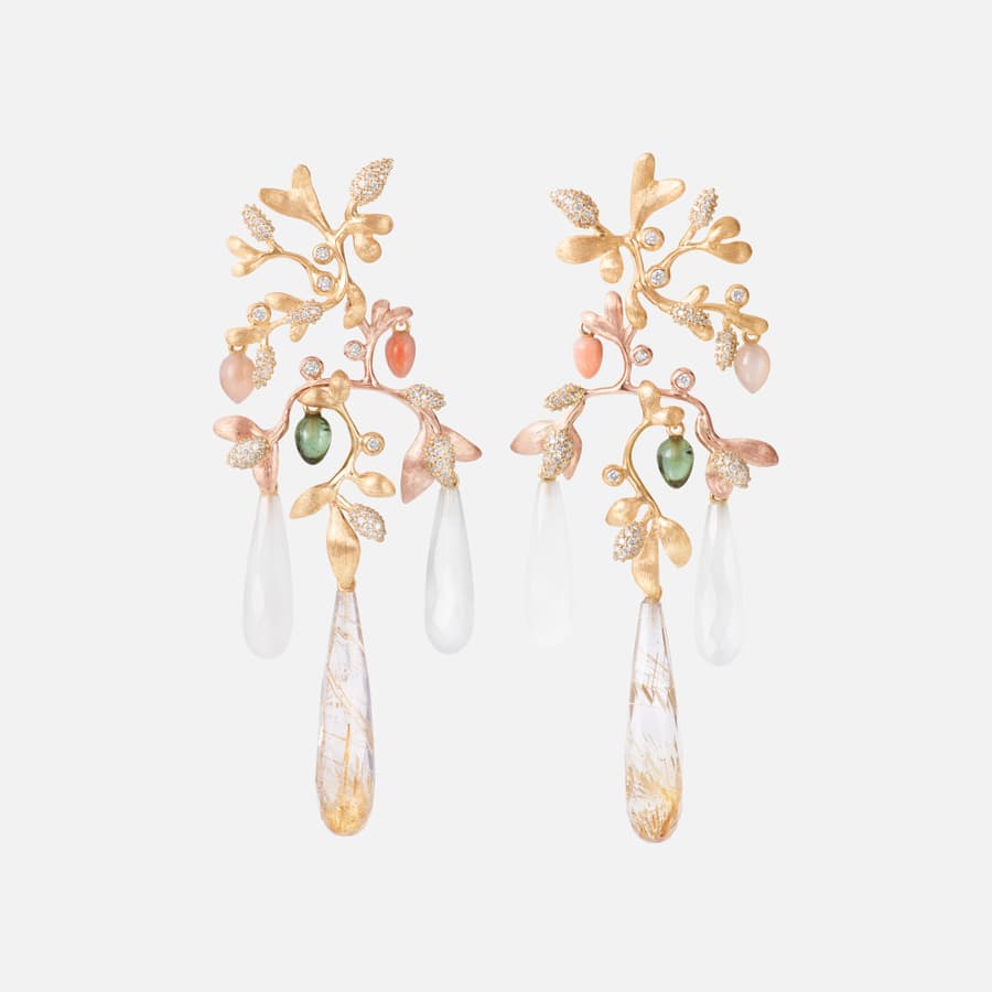 Gipsy Earrings in 18kt Gold w Diamonds, Moonstone, Coral & Tourmaline | Ole Lynggaard 