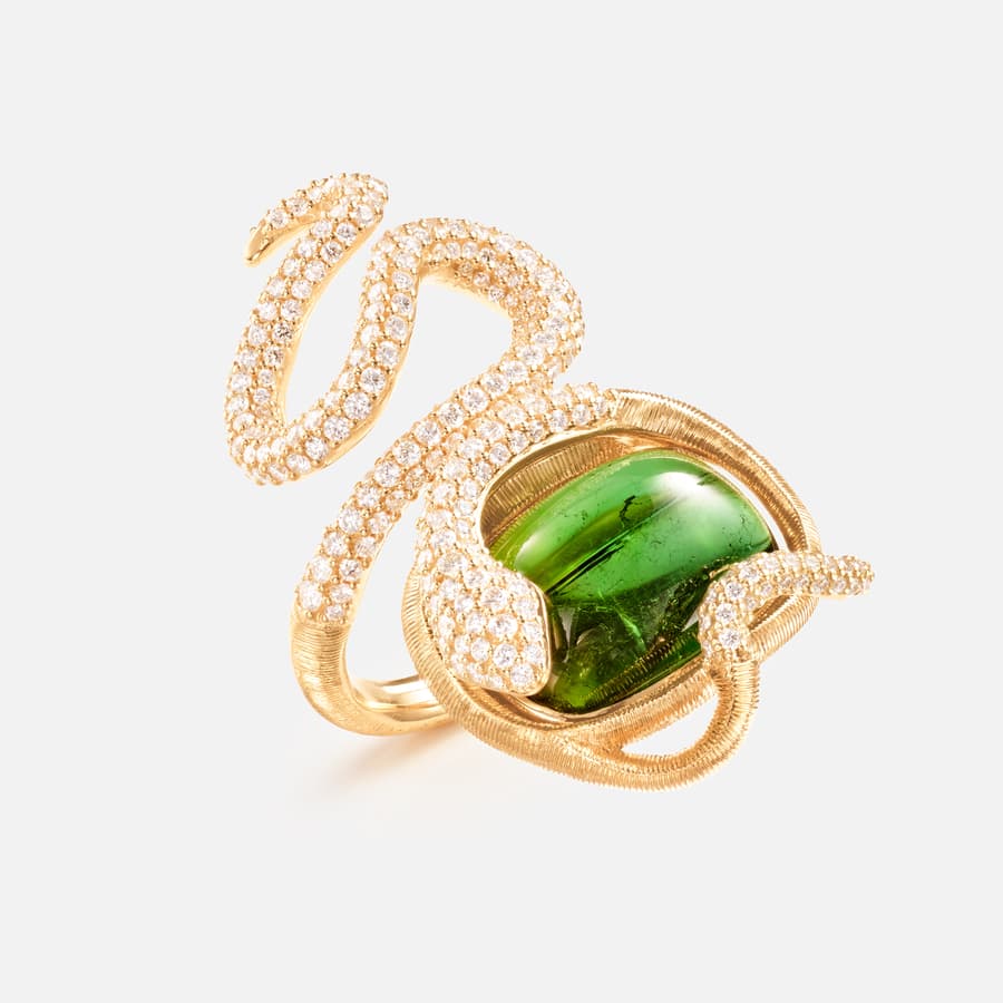 Snakes Ring in Gold with Green Tourmaline and Pavé-set Diamonds | Ole Lynggaard 