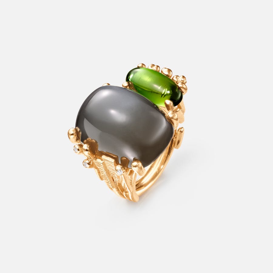 BoHo ring double in 18 karat gold with grey moonstone, green tourmaline, and diamonds | OLE LYNGGAARD COPENHAGEN