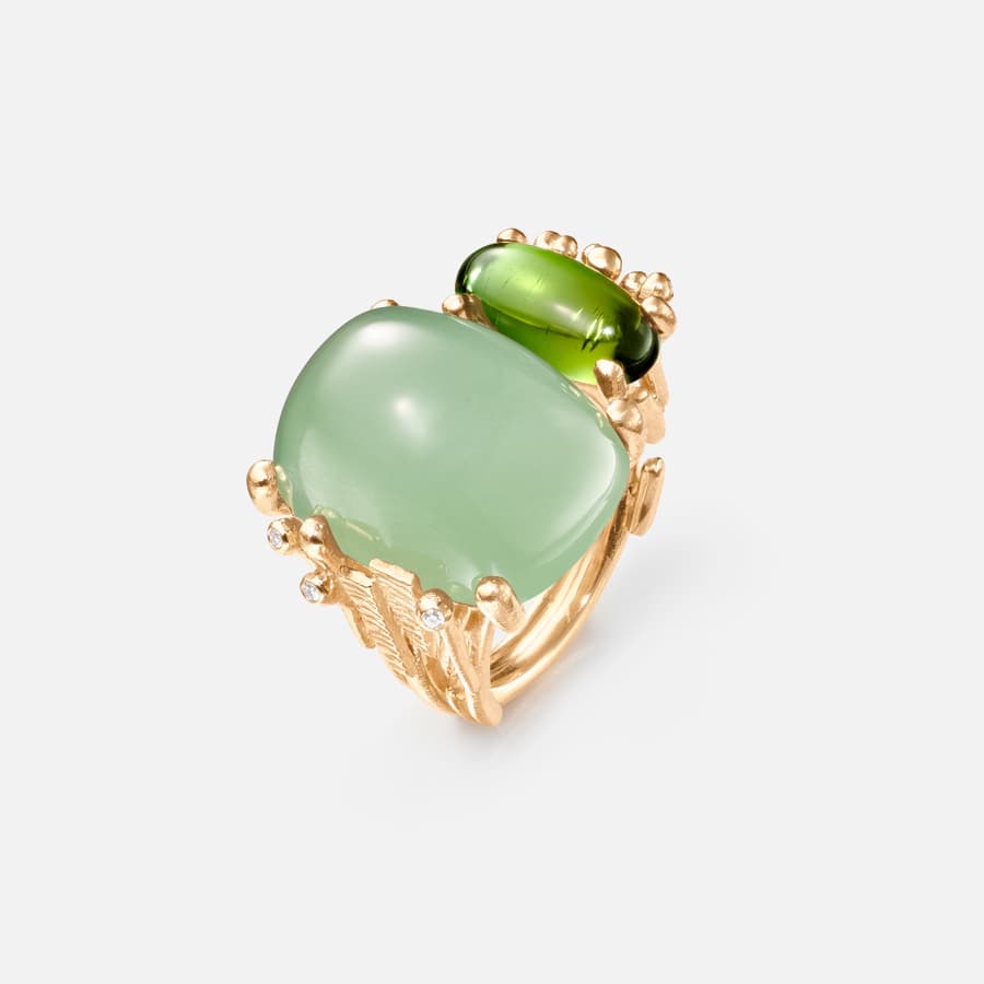 BoHo ring double in 18 karat gold with aquamarine, green tourmaline, and diamonds | Ole Lynggaard