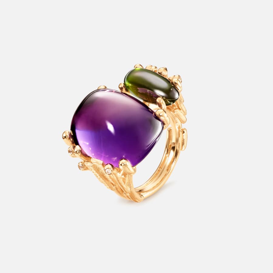 BoHo-Doppelring aus 18-karätigem Gold mit Amethyst, grünem Turmalin und Diamant-Pavé | OLE LYNGGAARD COPENHAGEN