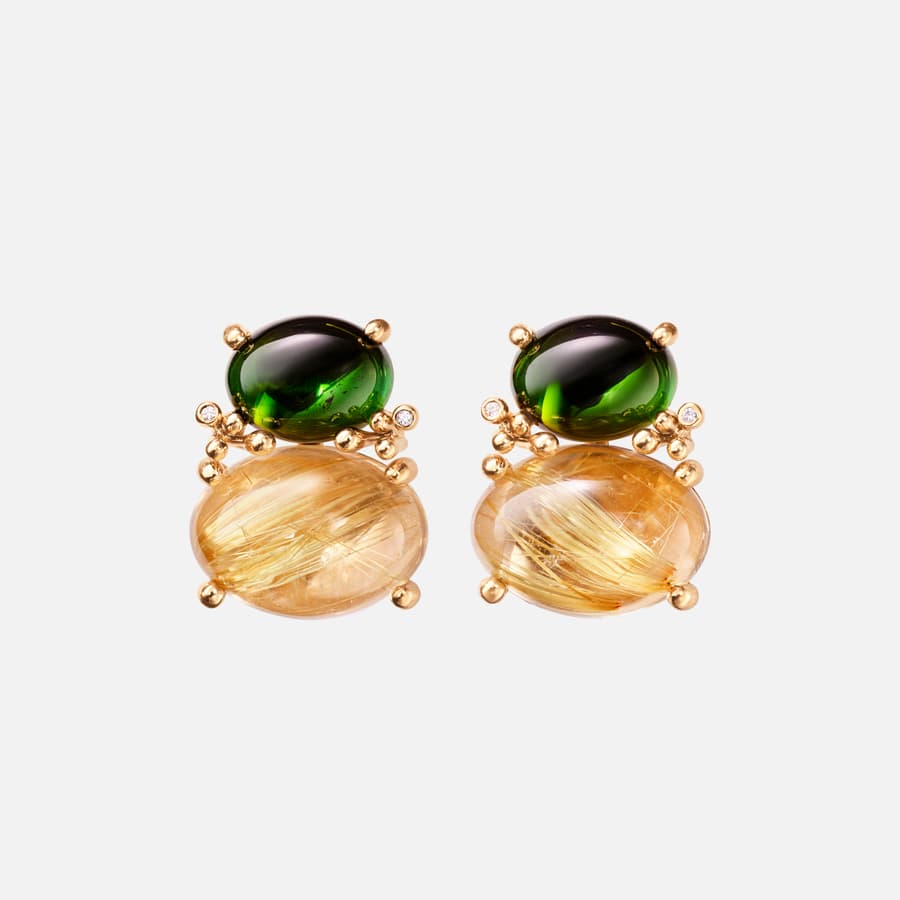 BoHo earrings in 18k gold with green tourmalines, rutile quartz, and four diamonds totalling 0.01 ct. TW VS | Ole Lynggaard Copenhagen