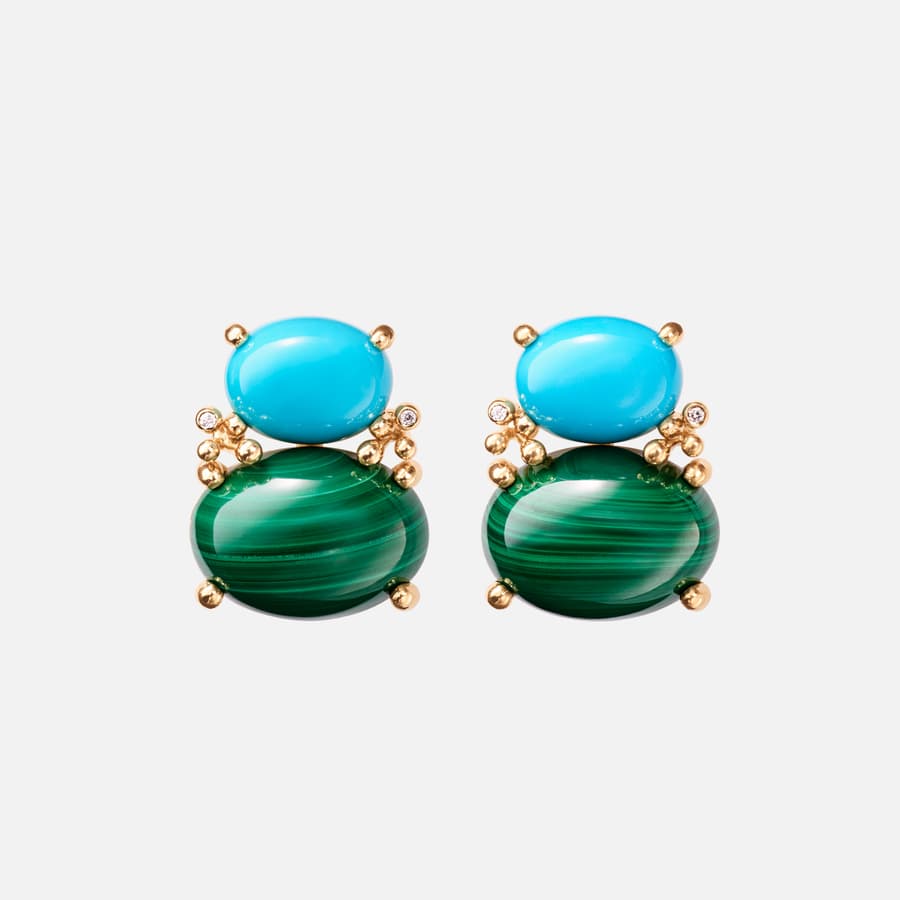 BoHo earrings in 18k gold with turquoises, malachites, and four diamonds totalling 0.01 ct. TW VS | Ole Lynggaard Copenhagen	