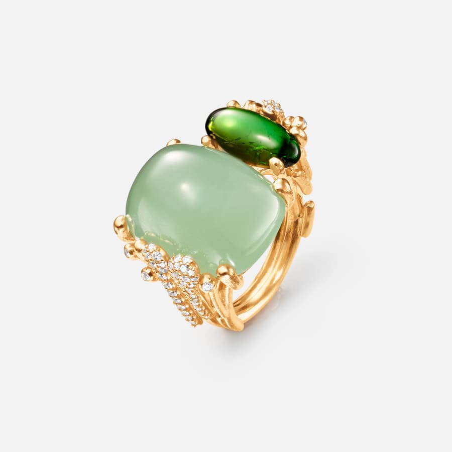 BoHo ring double in 18 karat gold with aquamarine, green tourmaline, and diamonds pavé | Ole Lynggaard